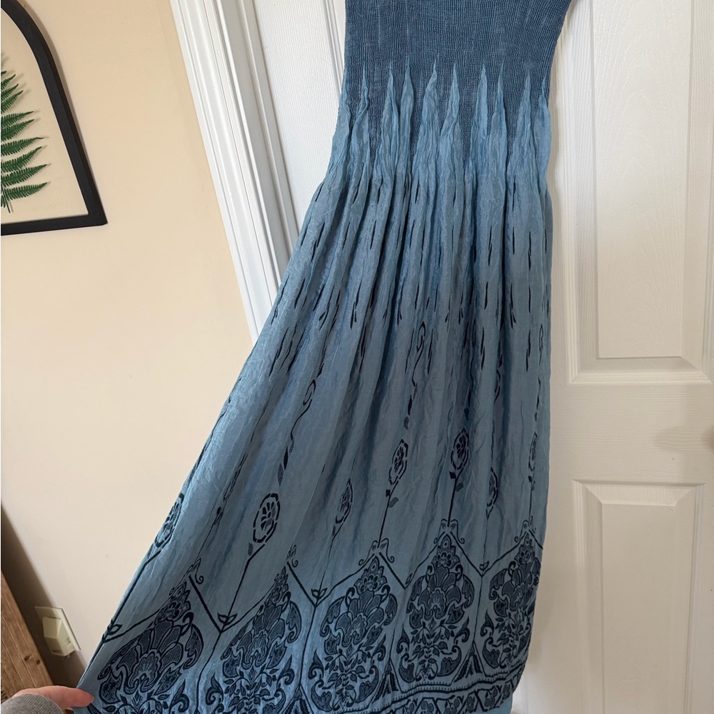 Lapis/Anthro. Boho Blue Smocked Maxi Dress-One Size Flowy Festival Coastal Chic